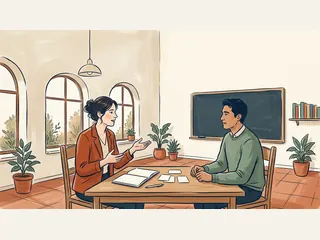 Profesora conversando con un adulto en un aula de idiomas, junto a cuaderno y tarjetas.