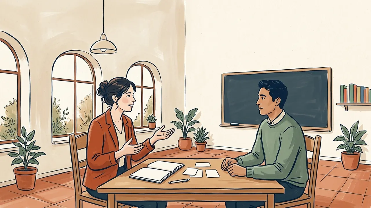 Profesora conversando con un adulto en un aula de idiomas, junto a cuaderno y tarjetas.