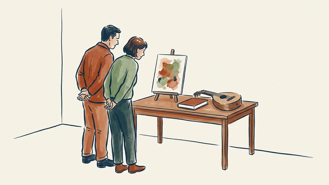 Dos personas observan una pintura abstracta, un libro y un instrumento en una exposición.