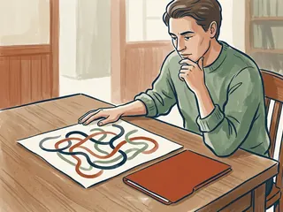 Una persona observa un dibujo abstracto de caminos junto a una carpeta cerrada en una mesa de biblioteca.