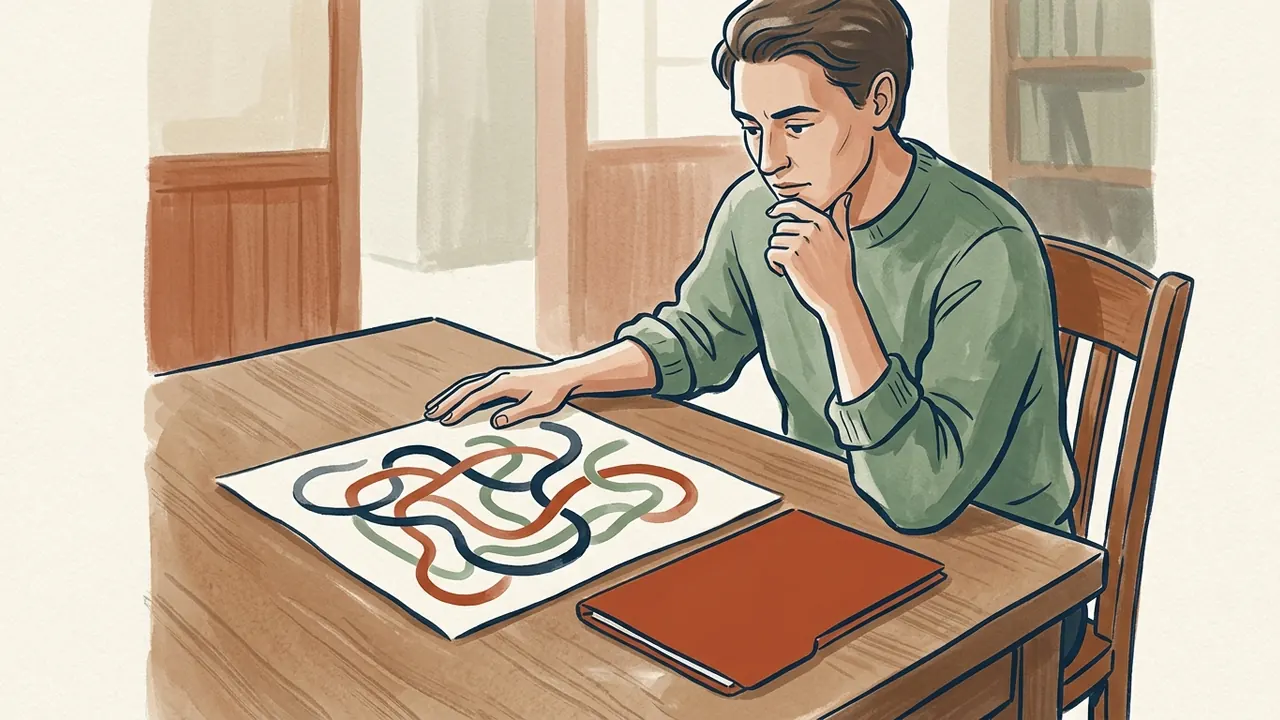 Una persona observa un dibujo abstracto de caminos junto a una carpeta cerrada en una mesa de biblioteca.