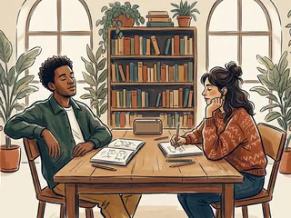 Dos personas escuchan música junto a un altavoz y cuadernos de dibujos en una biblioteca.
