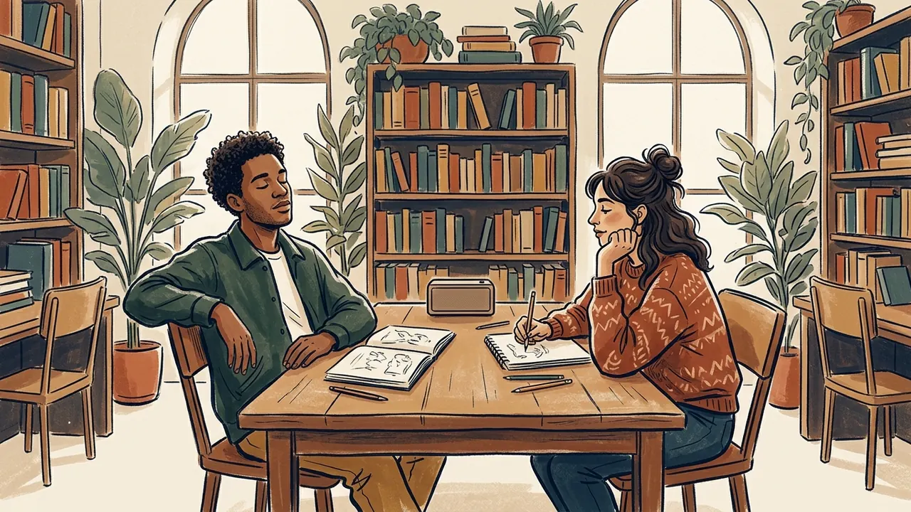 Dos personas escuchan música junto a un altavoz y cuadernos de dibujos en una biblioteca.