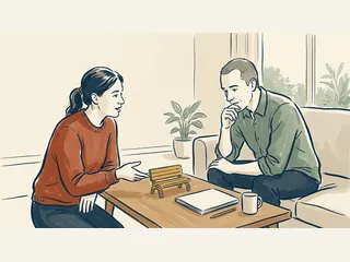 Dos personas conversan junto a una maqueta de un banco amarillo sobre una mesa.