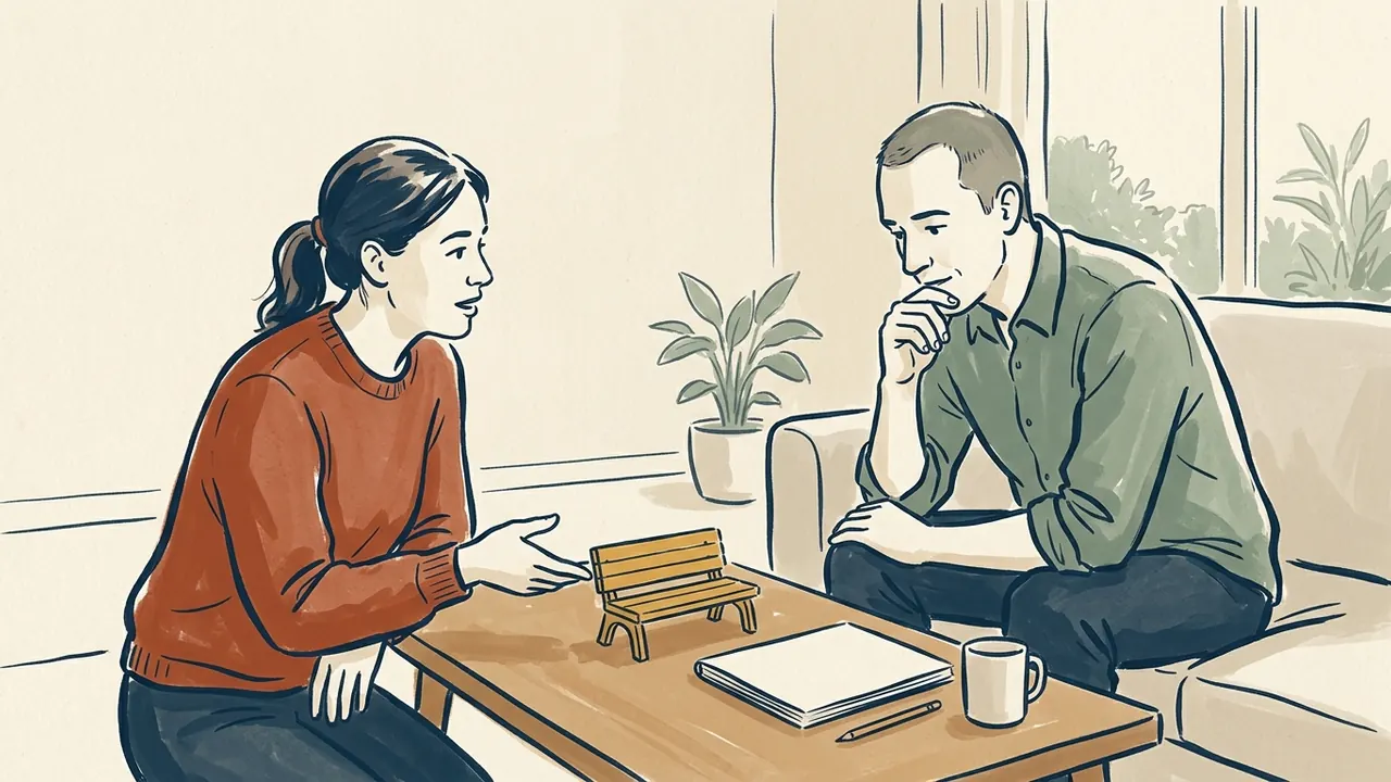 Dos personas conversan junto a una maqueta de un banco amarillo sobre una mesa.