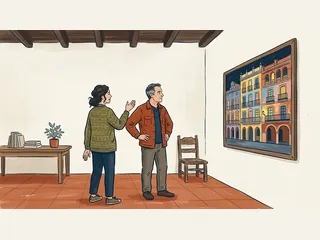 Dos adultos observan un cuadro de fachadas de colores en una sala.
