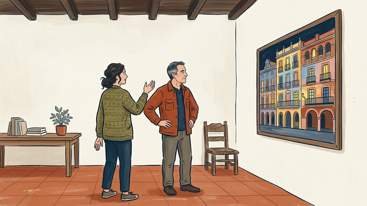 Dos adultos observan un cuadro de fachadas de colores en una sala.