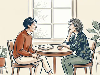Dos personas adultas conversan junto a una ventana, con un libro cerrado sobre una mesa redonda.