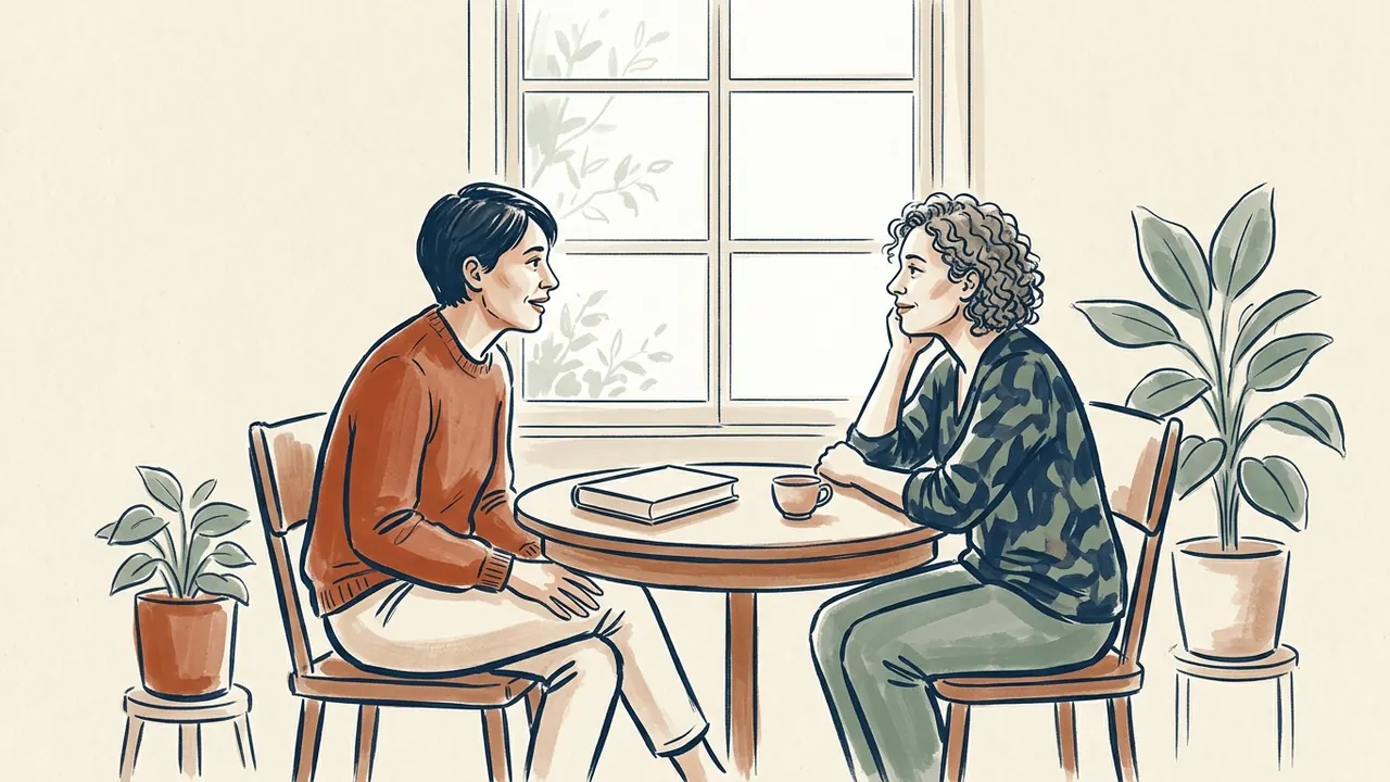 Dos personas adultas conversan junto a una ventana, con un libro cerrado sobre una mesa redonda.