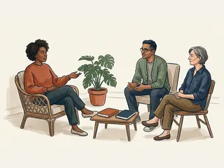 Tres personas adultas conversan sentadas en círculo, con una planta y dos libros cerrados sobre una mesa baja.