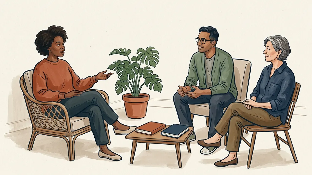 Tres personas adultas conversan sentadas en círculo, con una planta y dos libros cerrados sobre una mesa baja.