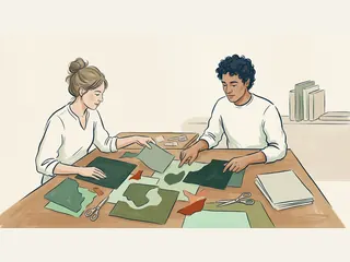 Dos personas adultas componen un collage con recortes de papel de colores.