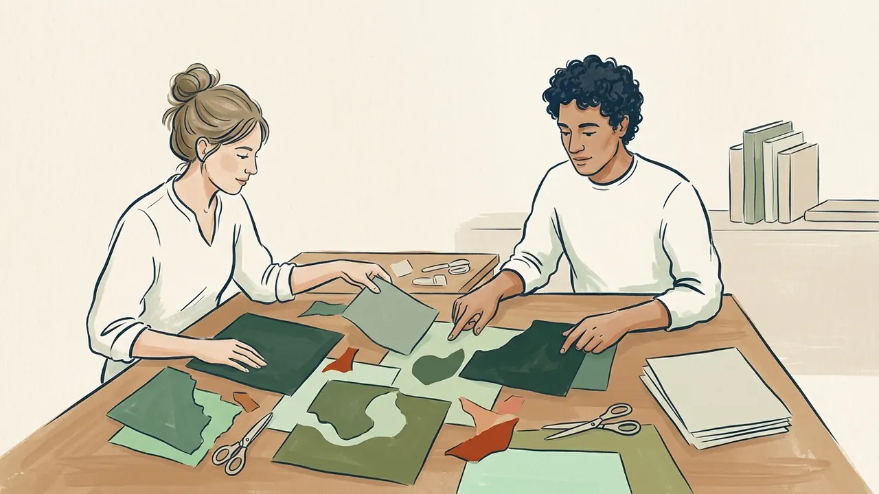 Dos personas adultas componen un collage con recortes de papel de colores.