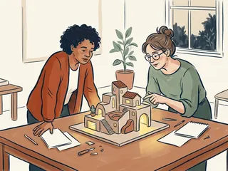 Dos personas observan una maqueta de edificios imaginarios con ventanas iluminadas en amarillo sobre una mesa.