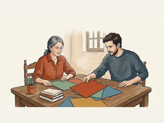 Dos adultos eligen cartulinas de colores en una mesa junto a una pequeña planta.