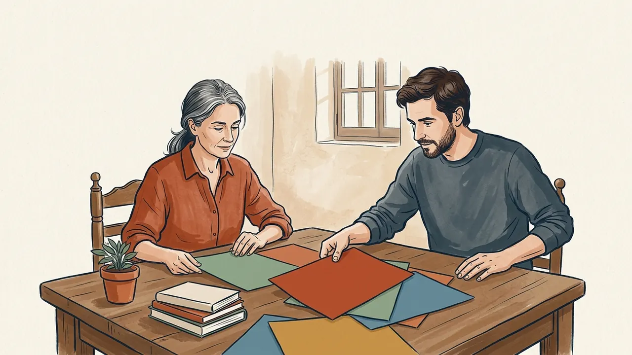 Dos adultos eligen cartulinas de colores en una mesa junto a una pequeña planta.