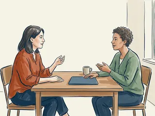 Dos mujeres conversan junto a una carpeta cerrada sobre una mesa.