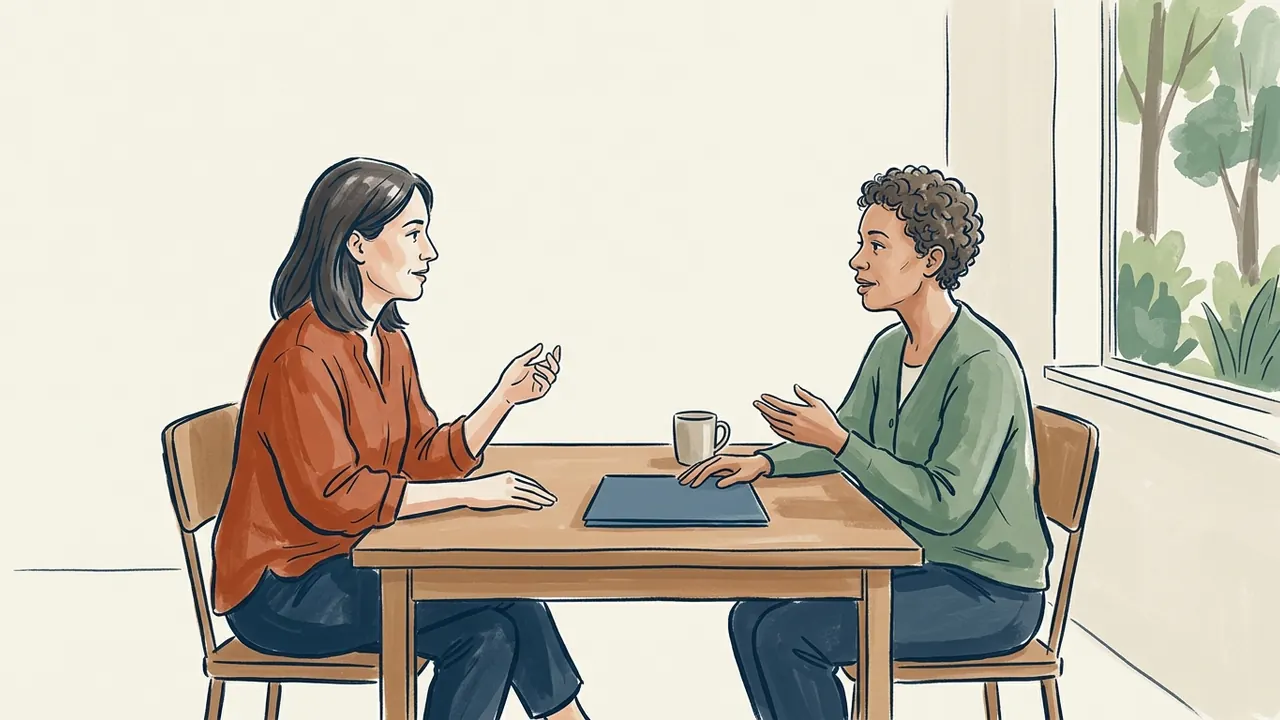 Dos mujeres conversan junto a una carpeta cerrada sobre una mesa.