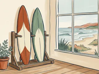 Dos tablas de surf descansan en un soporte de madera junto a una ventana con vistas a una costa ilustrada.