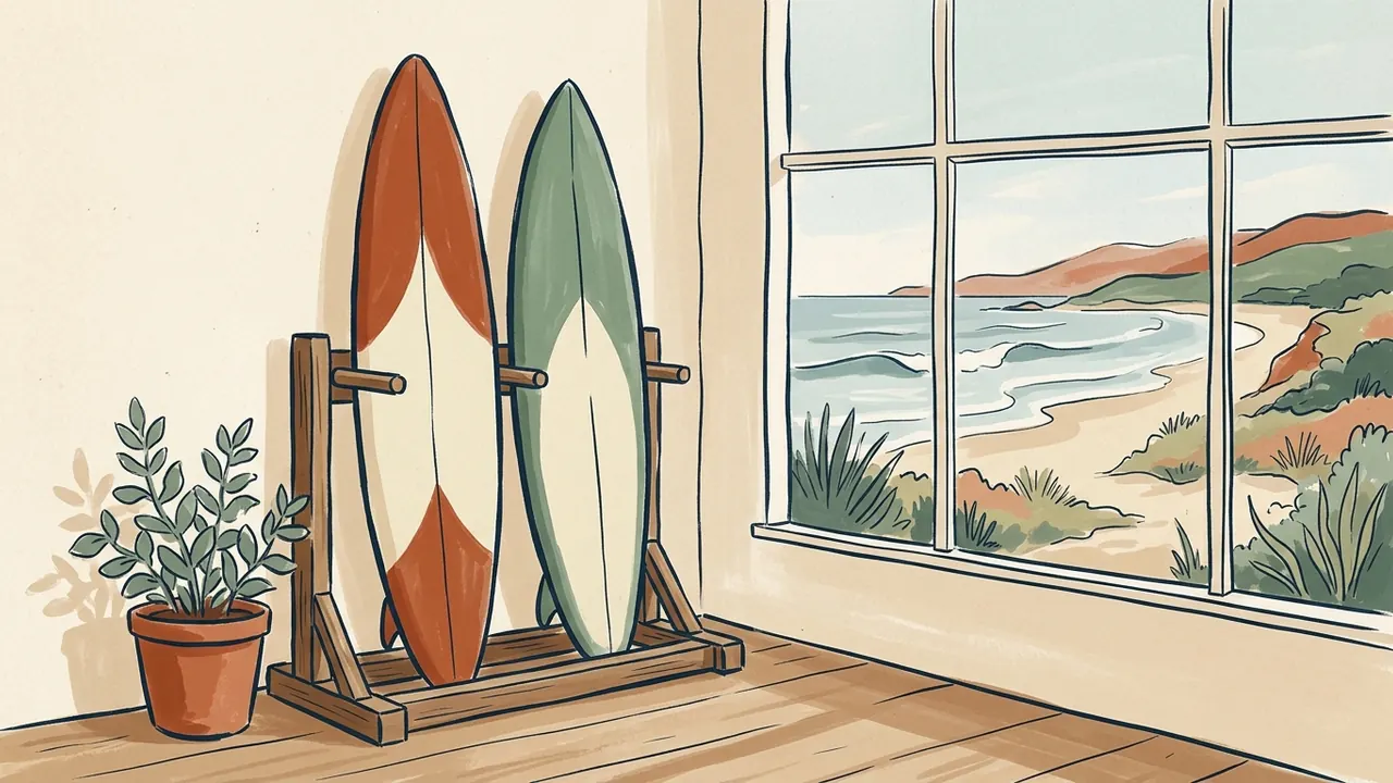 Dos tablas de surf descansan en un soporte de madera junto a una ventana con vistas a una costa ilustrada.