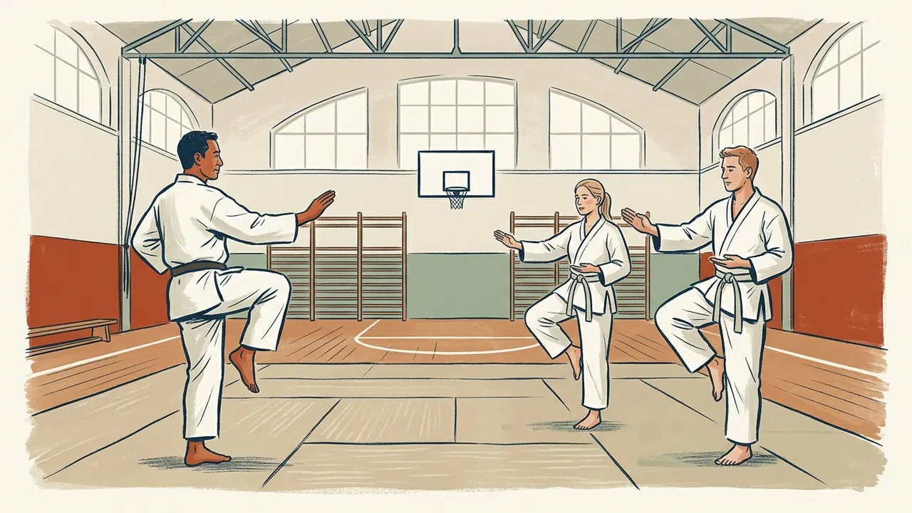 Un instructor y dos estudiantes practican una postura de taekwondo en un gimnasio.