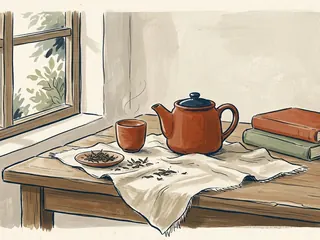 Una tetera y una taza junto a hojas de té sobre un paño de lino, con libros cerrados al lado.