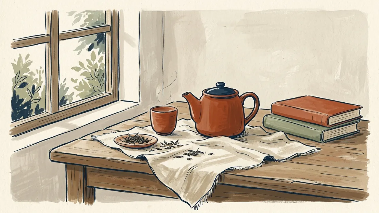Una tetera y una taza junto a hojas de té sobre un paño de lino, con libros cerrados al lado.