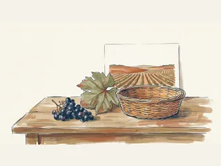 Racimo de uvas, hoja de vid y cesta delante de una ilustración de un viñedo.