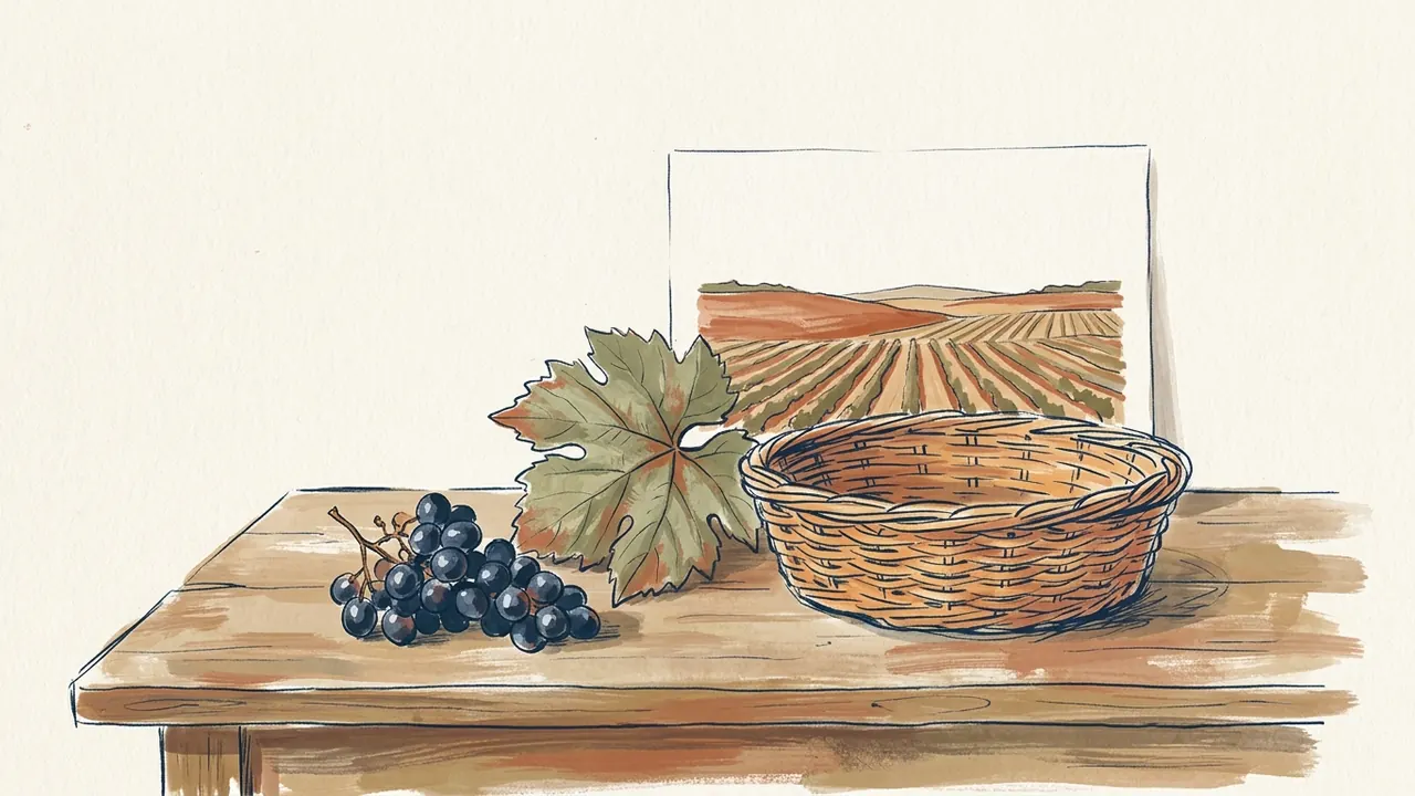 Racimo de uvas, hoja de vid y cesta delante de una ilustración de un viñedo.