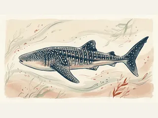 Un tiburón ballena ilustrado nada de perfil en un mar imaginario.