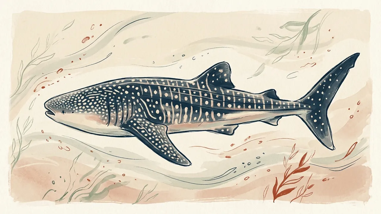 Un tiburón ballena ilustrado nada de perfil en un mar imaginario.