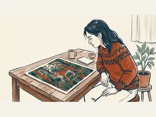 Una persona contempla una ilustración artística de un tigre entre vegetación.