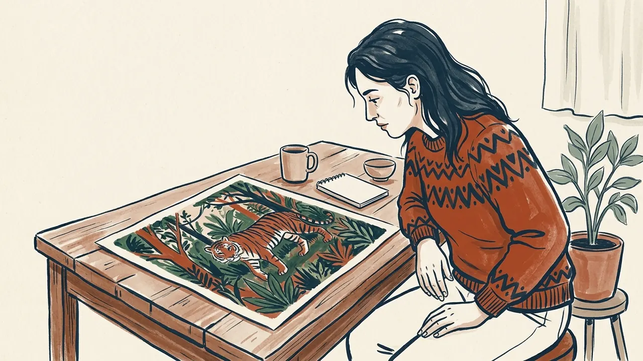 Una persona contempla una ilustración artística de un tigre entre vegetación.
