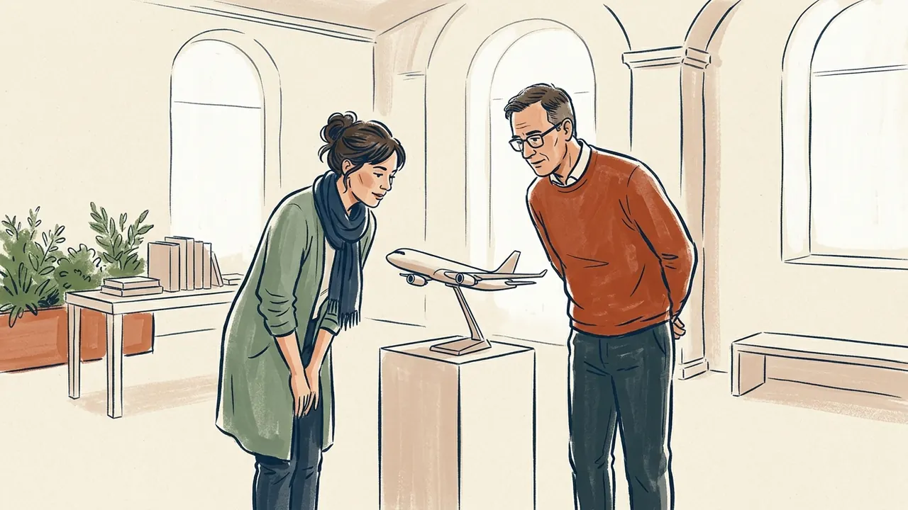 Dos personas observan una maqueta de avión sobre un pedestal.
