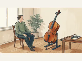 Una persona sentada observa un violonchelo apoyado en su soporte, con el arco sobre una mesa.
