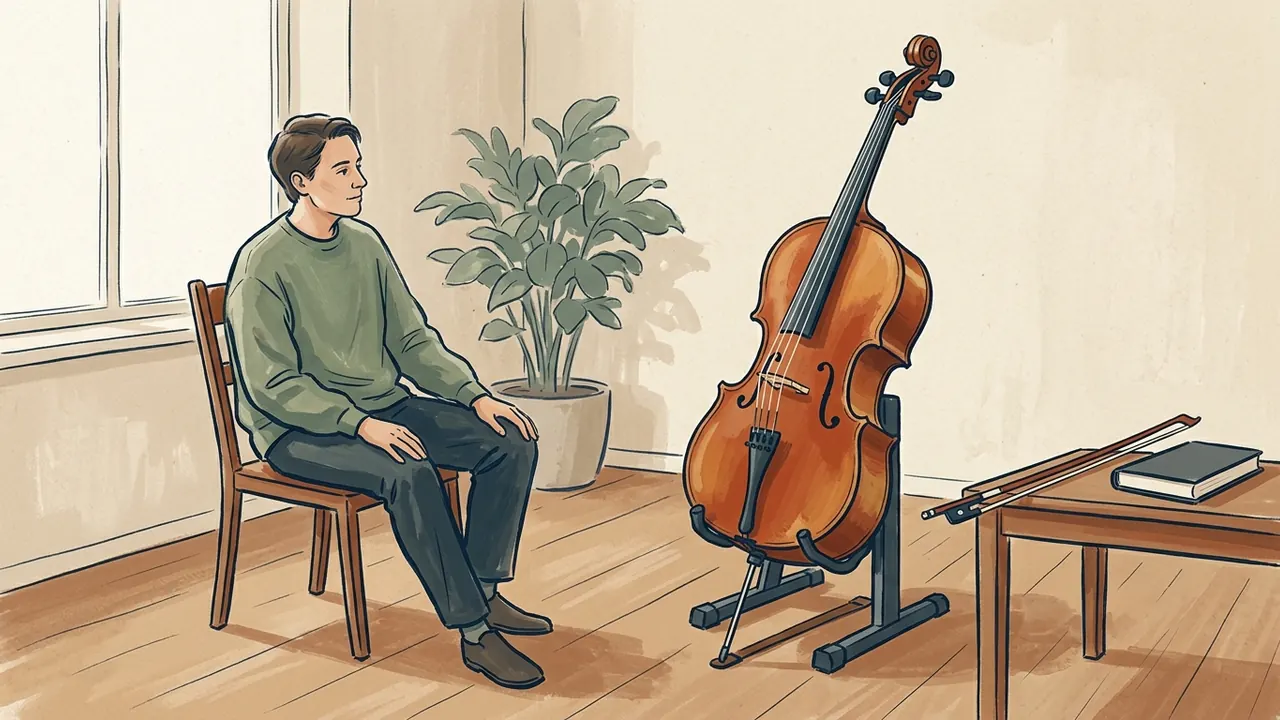 Una persona sentada observa un violonchelo apoyado en su soporte, con el arco sobre una mesa.