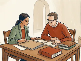Dos personas adultas consultan carpetas y libros de cubiertas lisas sobre una mesa.