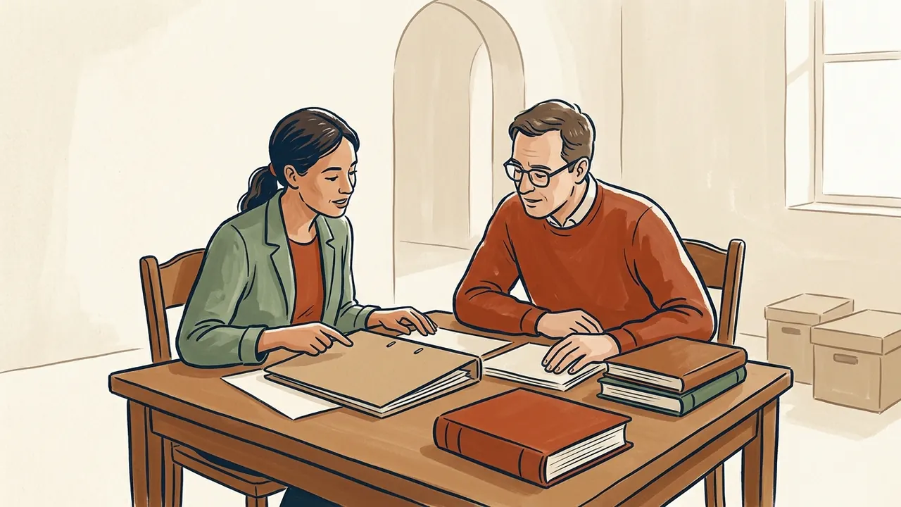 Dos personas adultas consultan carpetas y libros de cubiertas lisas sobre una mesa.