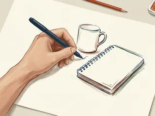 Una mano izquierda dibuja una taza y un cuaderno sobre una hoja.