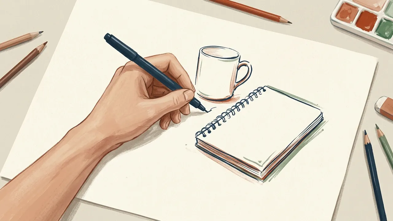 Una mano izquierda dibuja una taza y un cuaderno sobre una hoja.