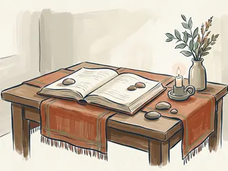 Libro abierto, piedras lisas y una vela sobre una mesa de memoria ficticia.