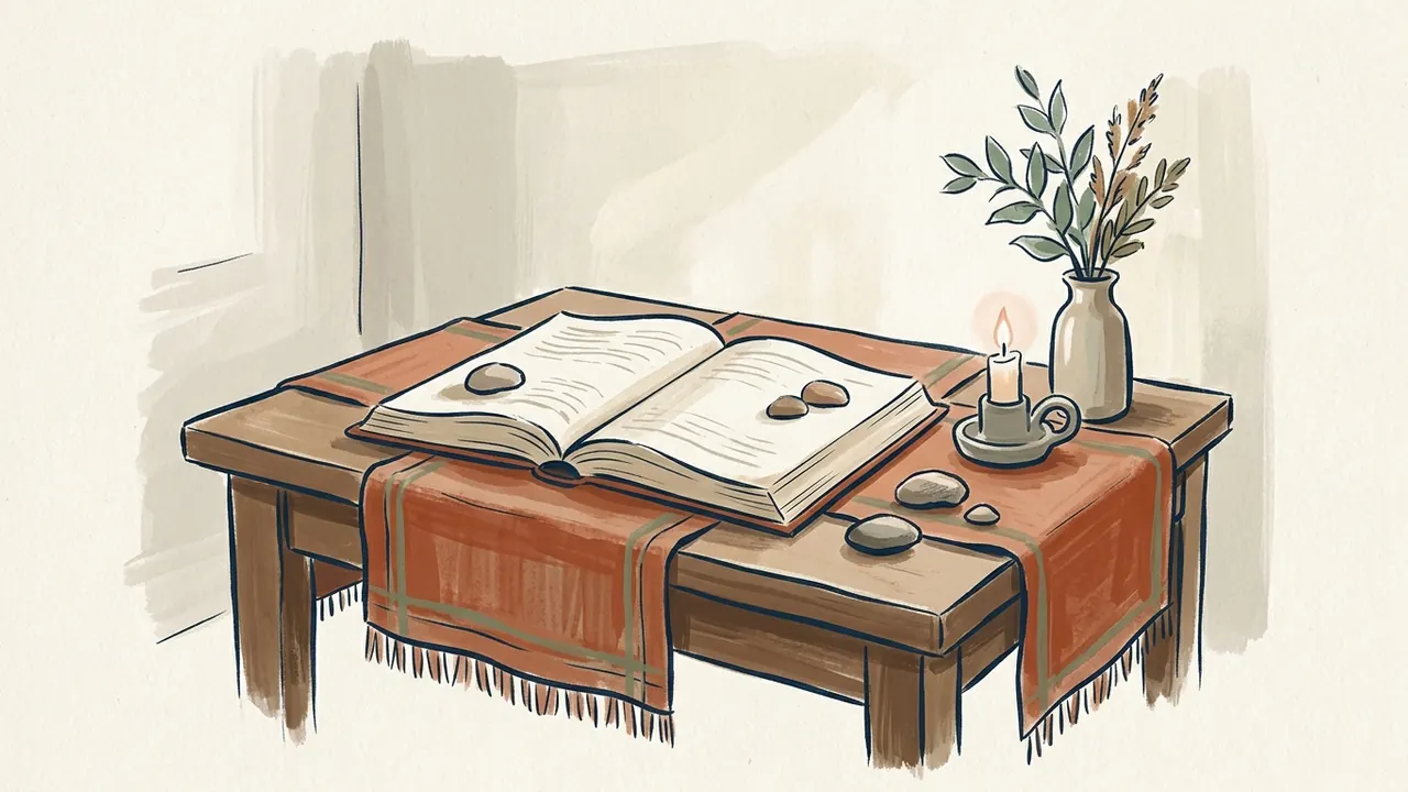 Libro abierto, piedras lisas y una vela sobre una mesa de memoria ficticia.