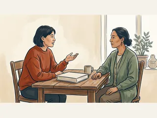 Dos personas conversan junto a un libro cerrado en una sala cultural.