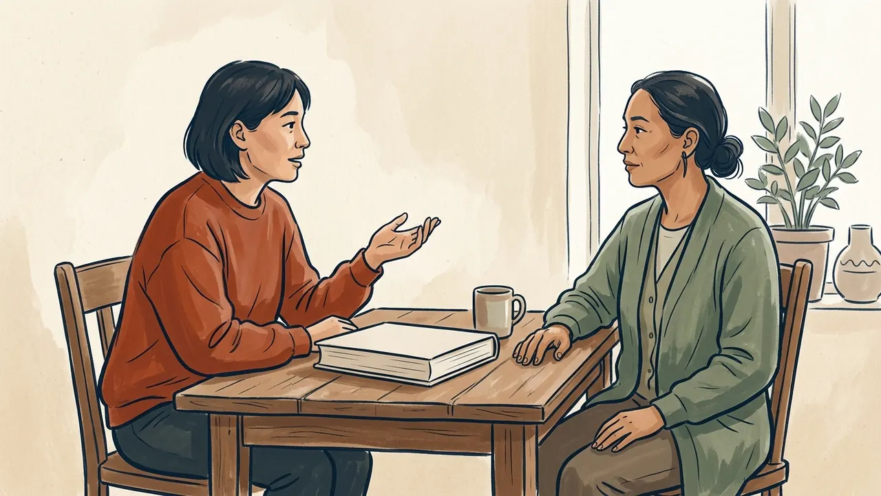 Dos personas conversan junto a un libro cerrado en una sala cultural.