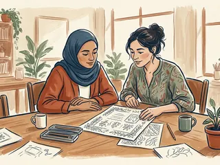 Dos mujeres, una con hiyab, revisan juntas una hoja con dibujos florales.