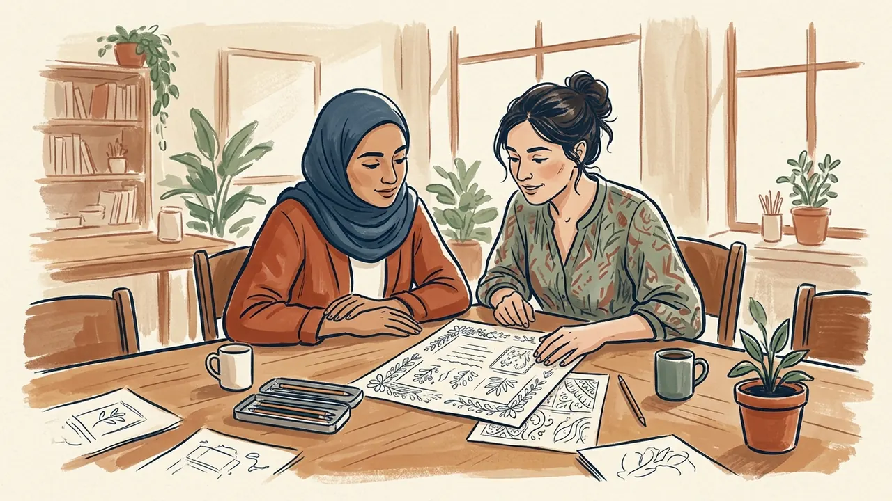 Dos mujeres, una con hiyab, revisan juntas una hoja con dibujos florales.