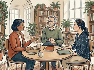 Tres personas conversan en una biblioteca comunitaria junto a cuadernos cerrados.