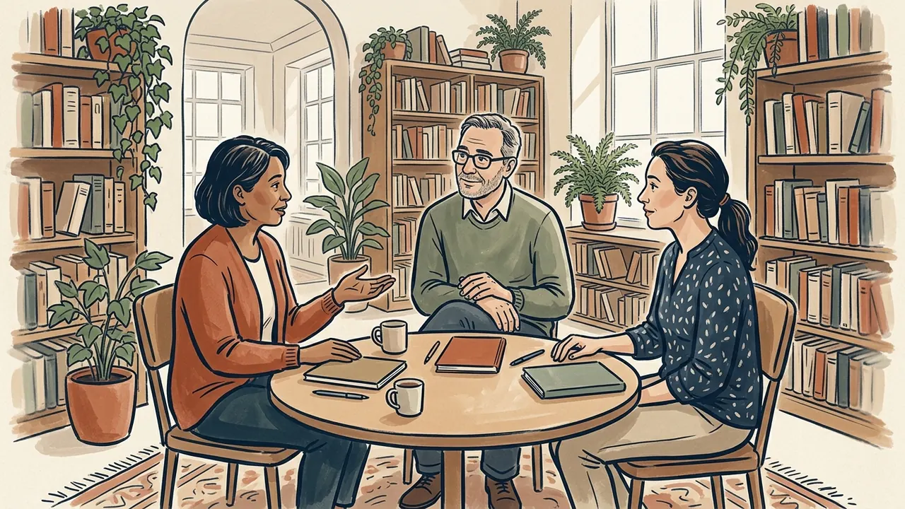 Tres personas conversan en una biblioteca comunitaria junto a cuadernos cerrados.