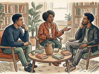 Tres personas conversan junto a una mesa con un jarrón de cerámica y libros.