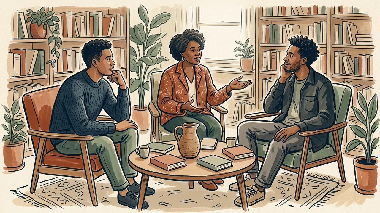 Tres personas conversan junto a una mesa con un jarrón de cerámica y libros.